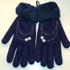 New Embellished knit gloves With Faux Fur Trim Plush Lining